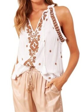 Hale Bob White Sleeveless V-Neck Camisole with Copper Embroidery